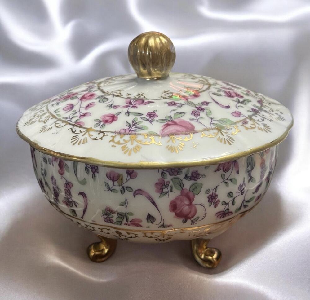 Vintage Noritake Japanese Floral Footed Porcelain, Ornate Covered Bowl (1940s)